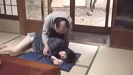 Perverted Japanese mature dude naughtily fondles sleeping young chick's boobies