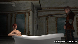 Ginger Asian cartoon girl is sitting in the bath and charming horny guy