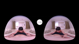 Slender hot Japanese chick in orange sex bodysuit is fondling hairy dick