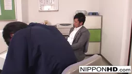 Yummy tight Japanese chick with hot tight boobs is fucking with two guys in office