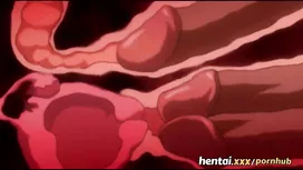 Pink haired hentai teen chick handjobs four cocks and gets fucked by one