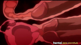 Pink haired hentai teen chick handjobs four cocks and gets fucked by one