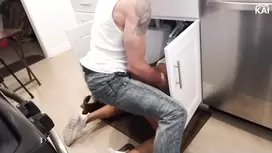Slender Asian girl got stuck under the sink and having her shaved cunt roughly fucked