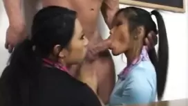 Japanese schoolgirls are seducing their rocky muscled teacher and sucking his dick